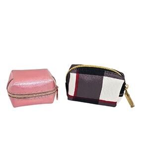 Two Stylish One Pink Faux Leather and One Black Gray White Red Mini Pouch Set